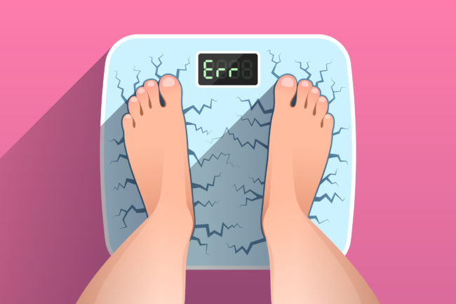 Woman,Is,Standing,On,Broken,Cracked,Weight,Scales,,Over,Colored