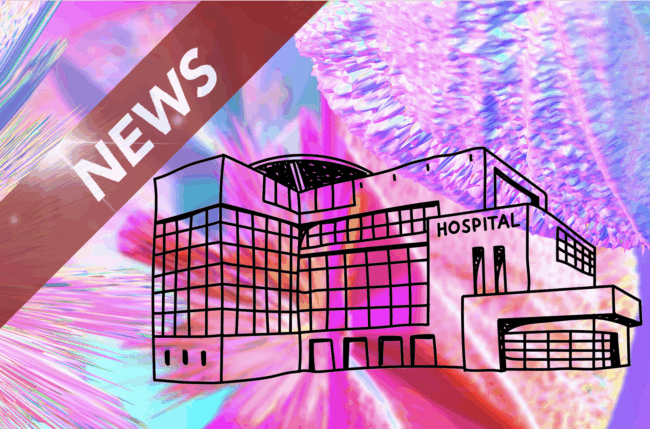 Shutterstock-Montage Klinik vor psychedelischem Farbspiel