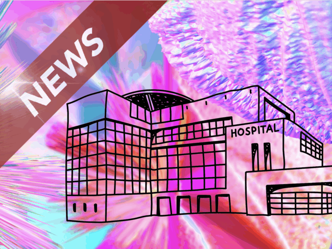 Klinik vor psychedelischem Farbspiel