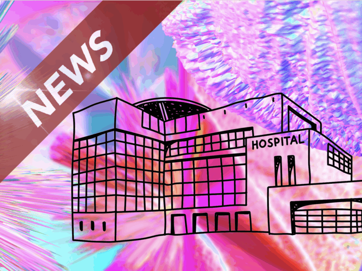 Klinik vor psychedelischem Farbspiel